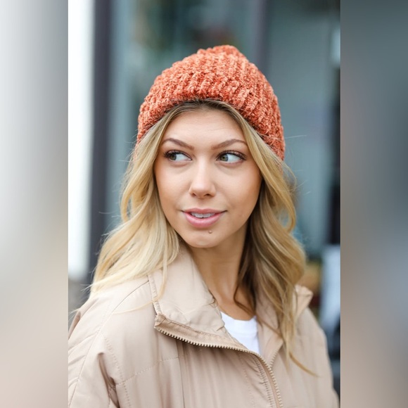 Rust Knit Velvet Chenille Fold Over Beanie - Picture 8 of 10